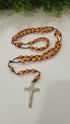 Jefgo Rosary Model 7013, 16-inch length, made with rosapoove thread and yellow beads with red swirl design.