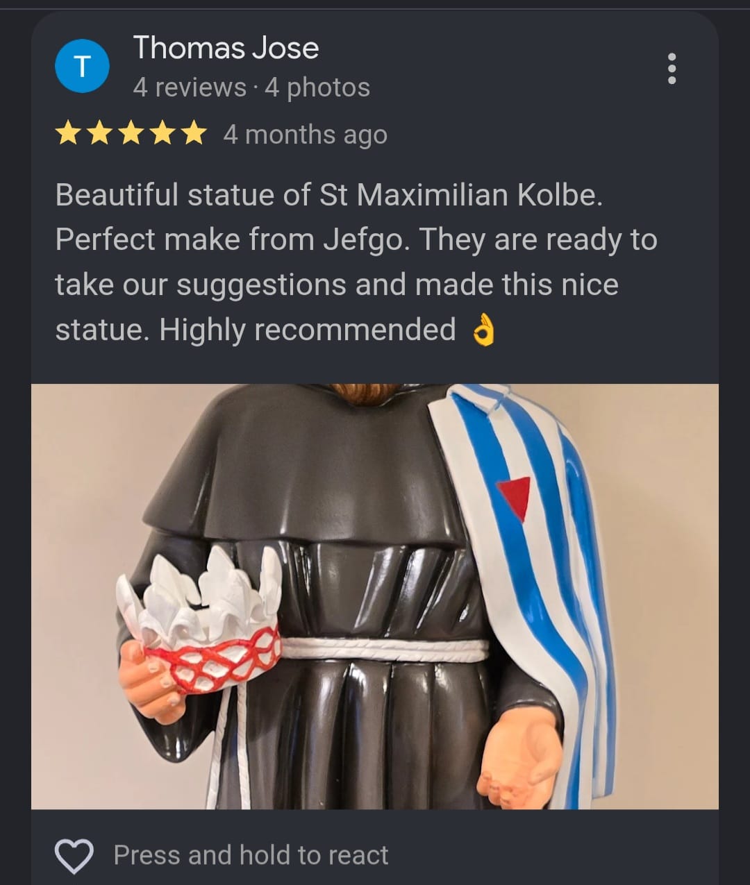 St.Maxmilian Kolbe  48 inch/4 feet Fiber Model No: 3613