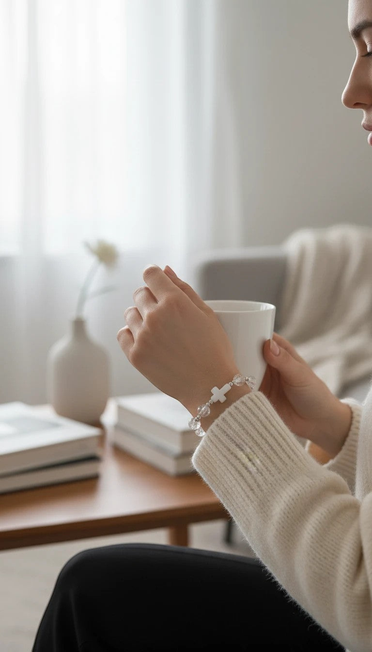 Jefgo stretch bracelet with clear crackle-glass beads and a white cross charm worn by a woman holding a coffee mug