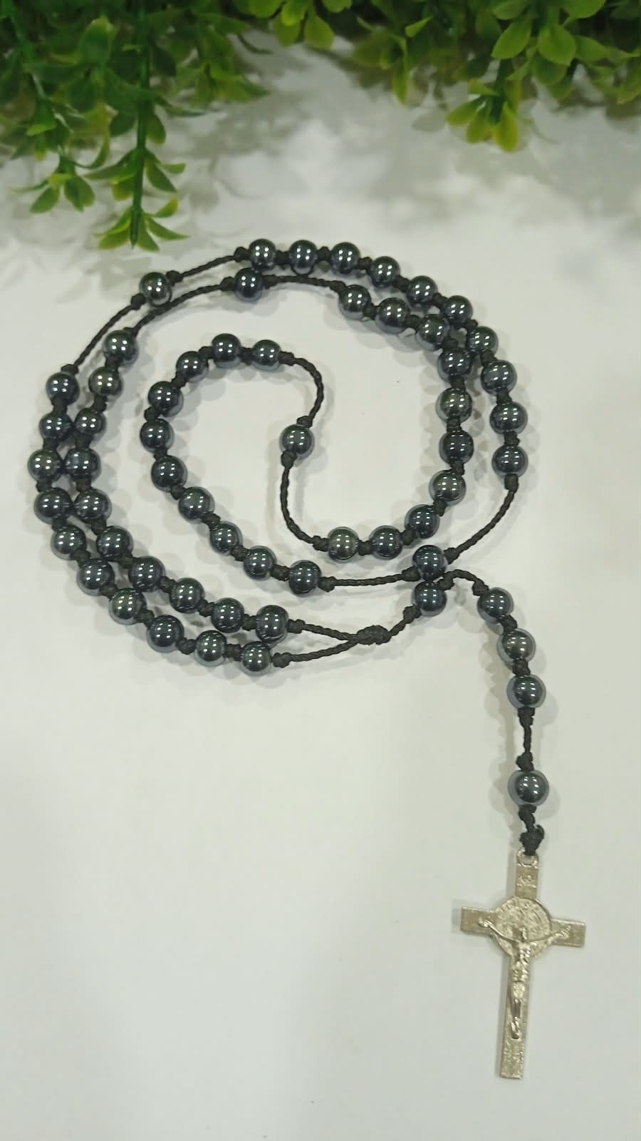Jefgo traditional religious prayer rosary beads with dark metallic 4mm beads and a silver crucifix pendant