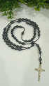Jefgo traditional religious prayer rosary beads with dark metallic 4mm beads and a silver crucifix pendant