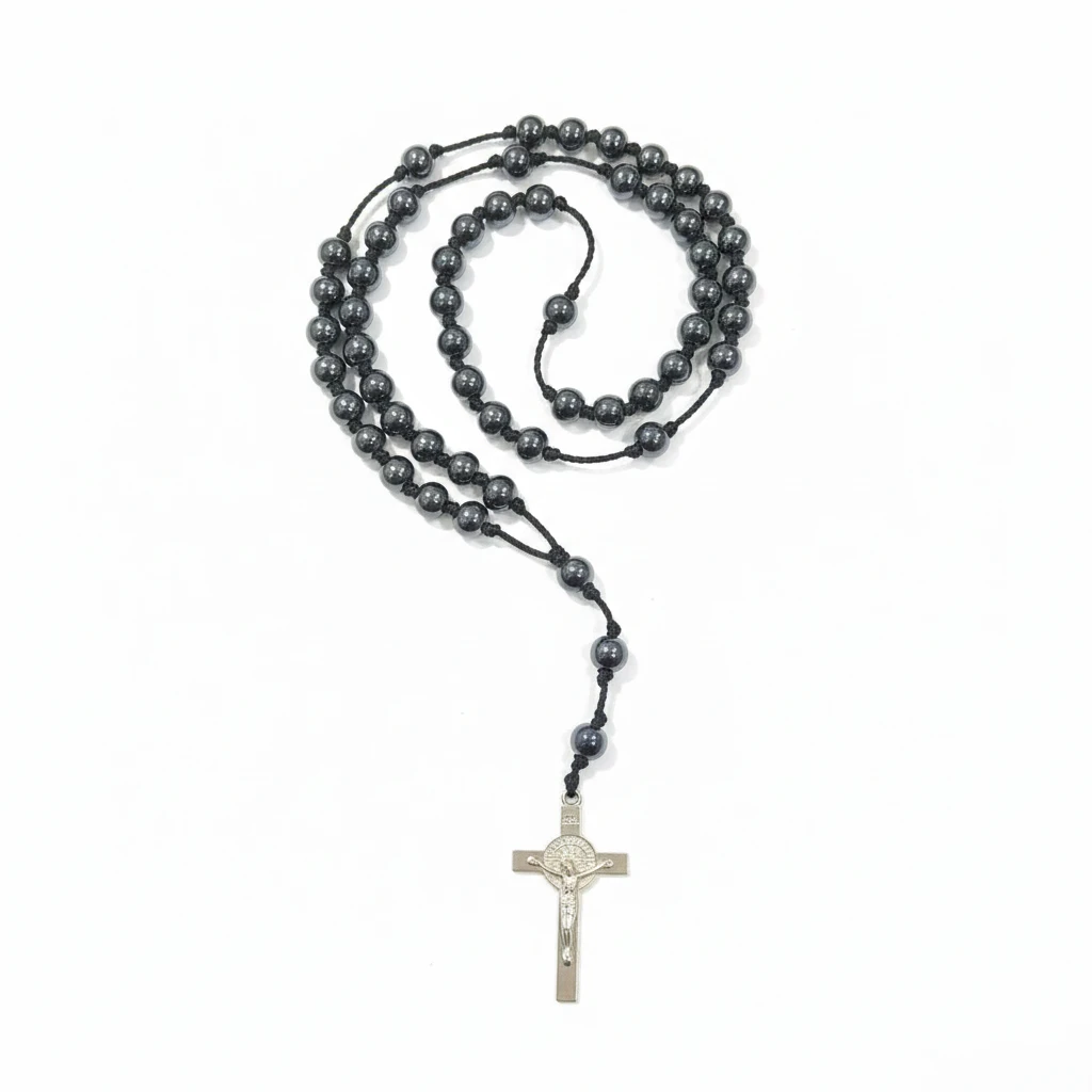 Jefgo traditional religious prayer rosary with dark metallic beads and a silver crucifix on a black cord
