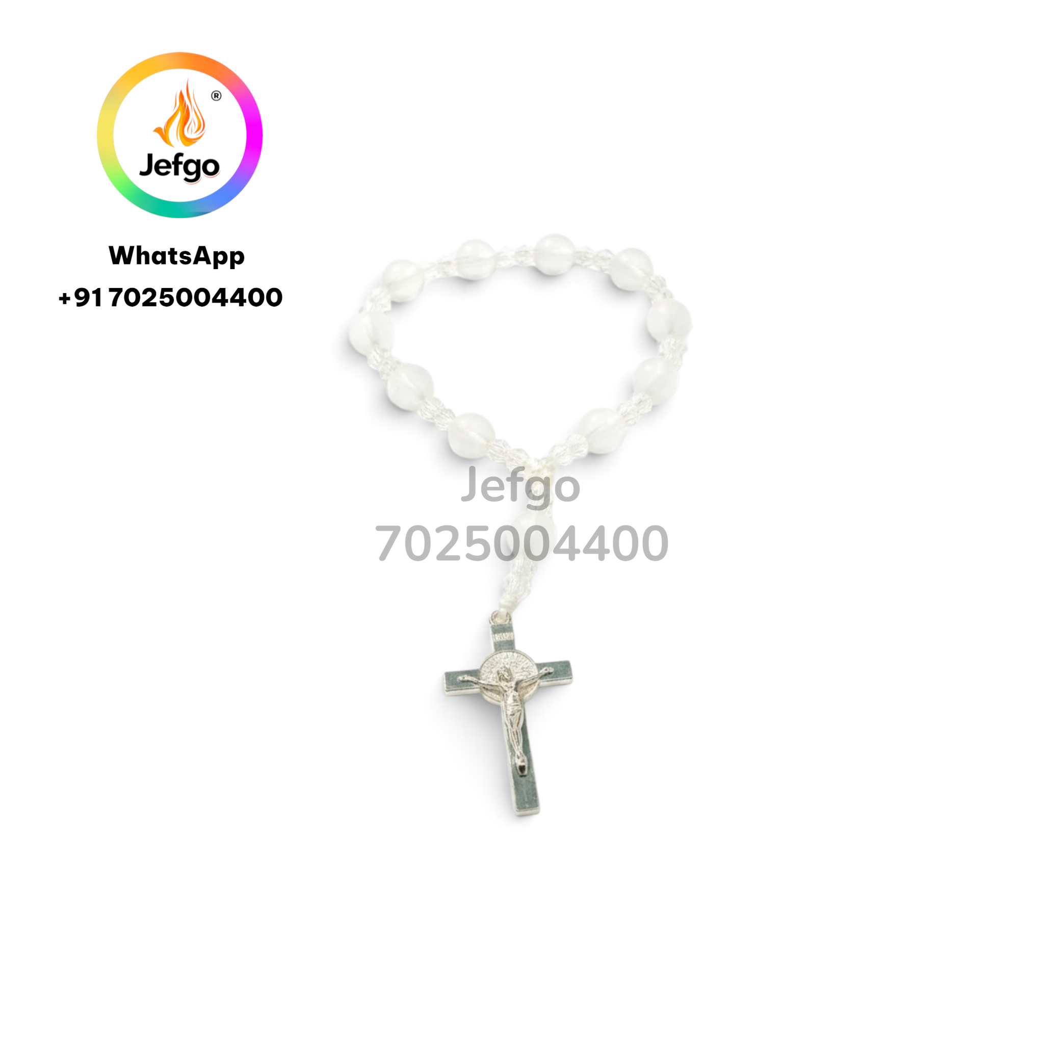 Jefgo hand rosary featuring 6mm clear ice beads on a thread string with a silver-toned crucifix pendant