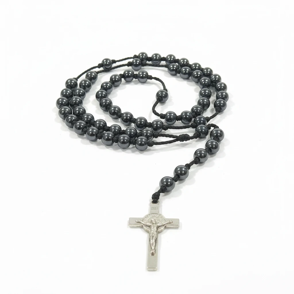 Jefgo traditional religious prayer rosary beads with dark metallic beads and a silver crucifix on a black cord
