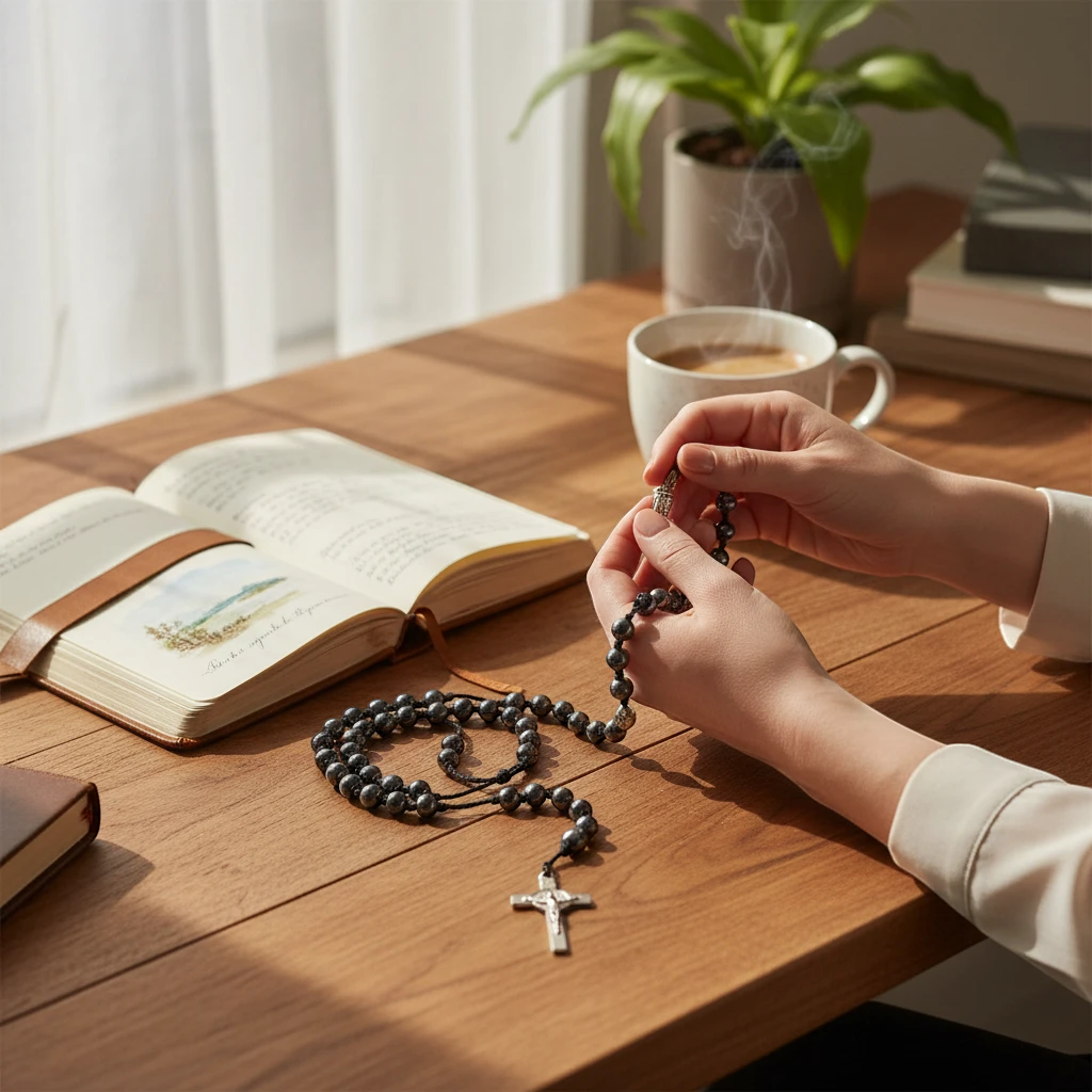 Jefgo traditional religious prayer rosary beads with dark metallic finish held by hands on a wooden desk